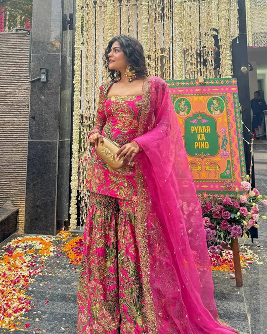 Handcrafted Pink And Gold Embroidered Gharara Set