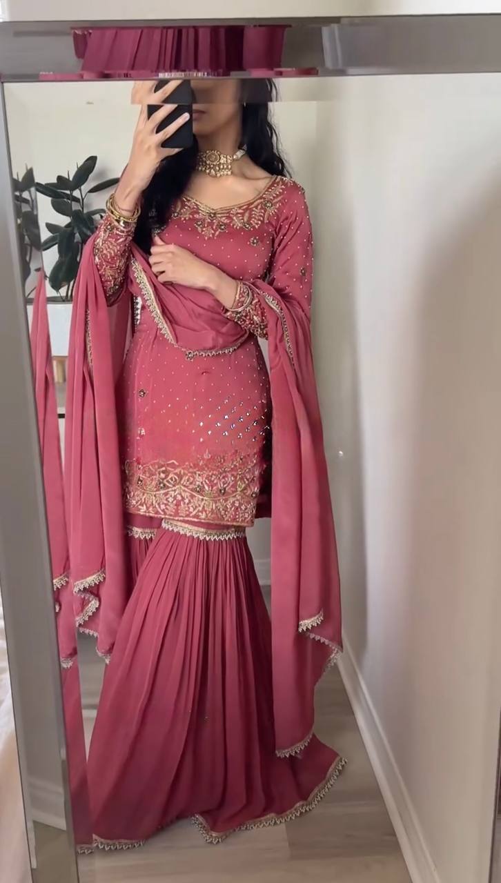 Dusty Pink  Embroidered Sharara Suit