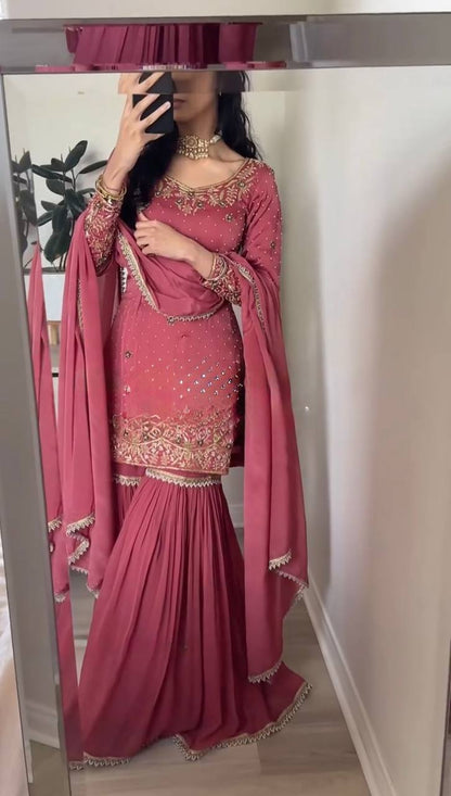 Dusty Pink  Embroidered Sharara Suit