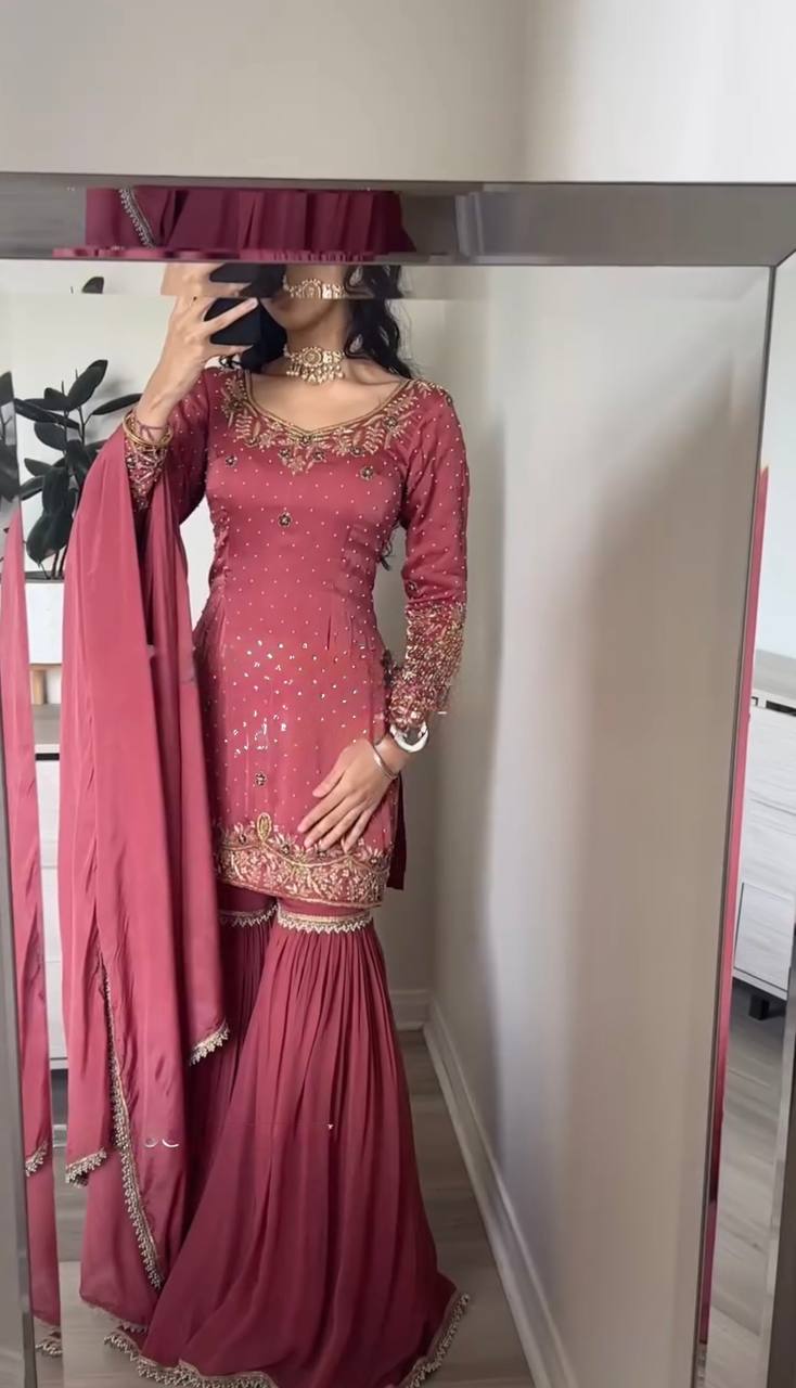 Dusty Pink  Embroidered Sharara Suit