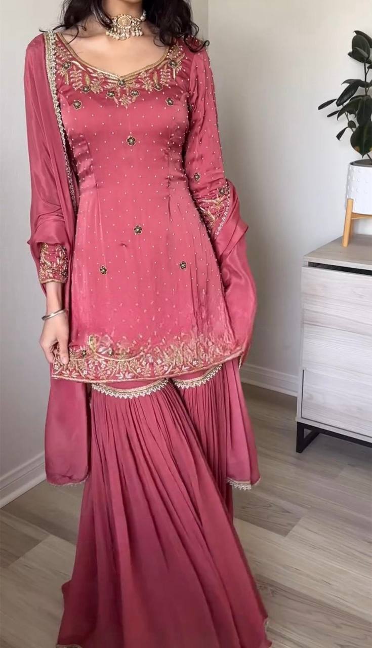 Dusty Pink  Embroidered Sharara Suit