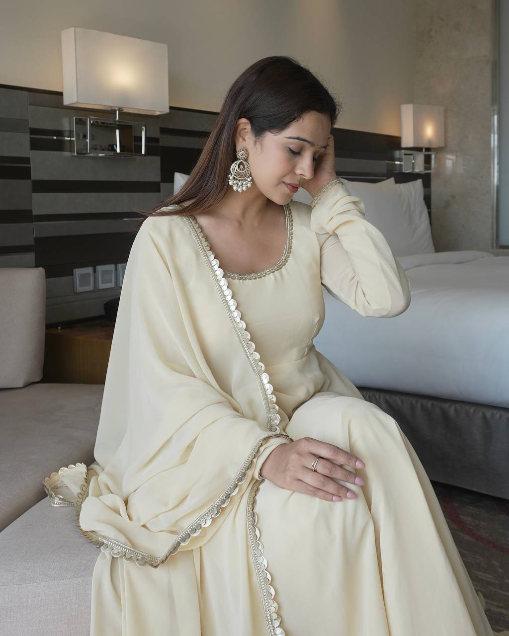 Soft Cream Designer Anarkali Suit Set