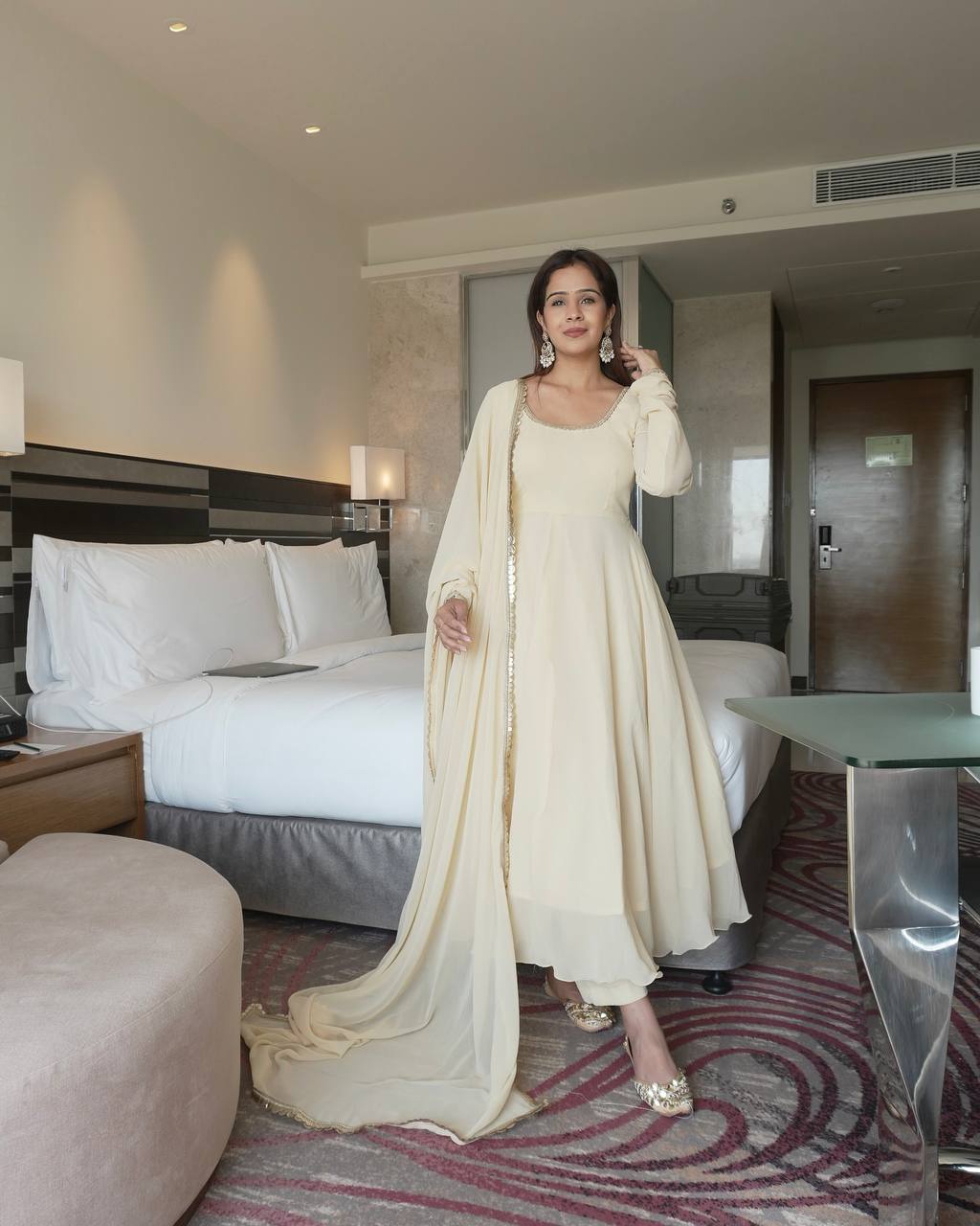 Soft Cream Designer Anarkali Suit Set
