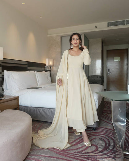 Soft Cream Designer Anarkali Suit Set
