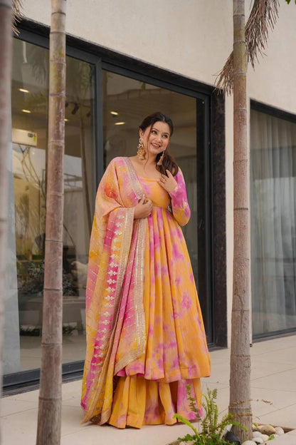 Aarohi Multicolor Anarkali Suit in Pink And Yellow with Heavy Dupatta