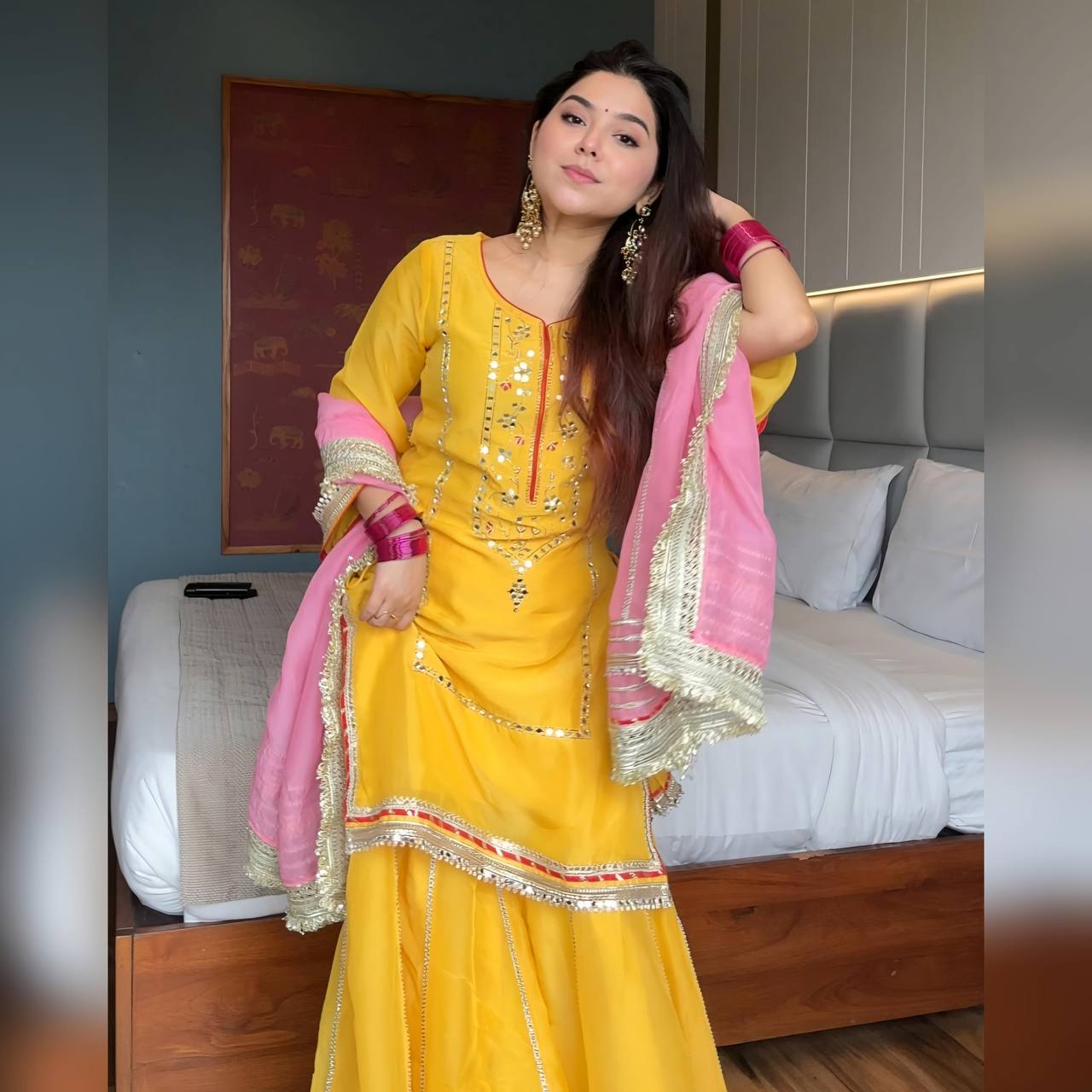 Dastaan Yellow Sharara Suit with Pink Dupatta