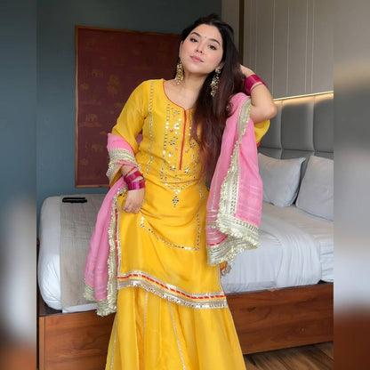 Dastaan Yellow Sharara Suit with Pink Dupatta
